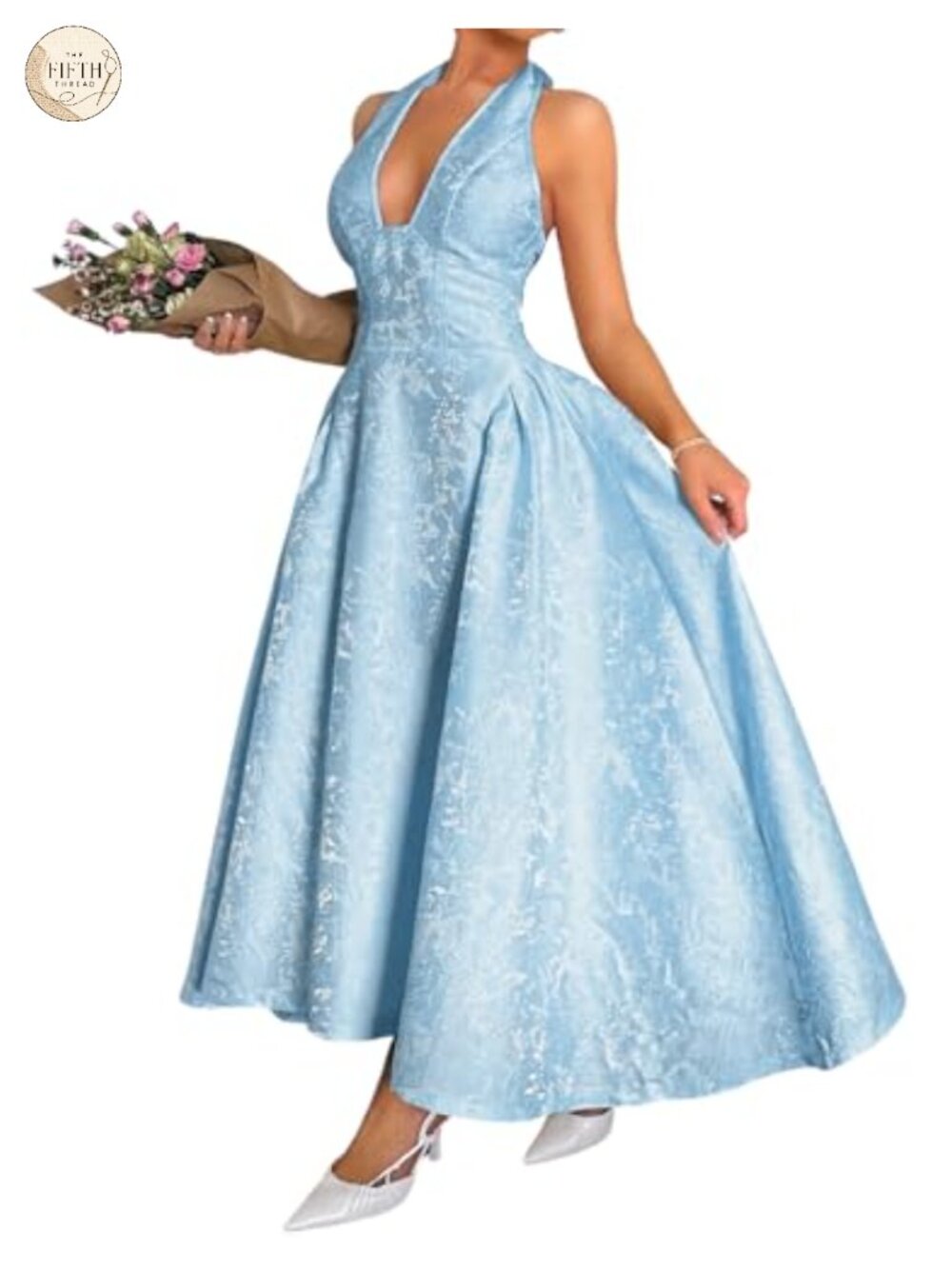 Jacquard Maxi Dress V Neck Halter A Line Backless Formal Wedding Guest